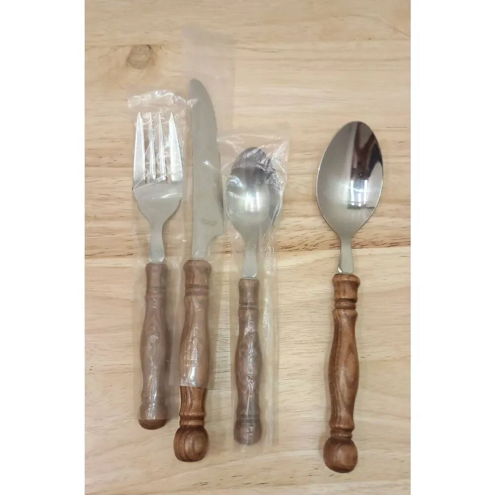New old stock, vintage, MCM, wood handled flatware-silverware  set .Old Homestea